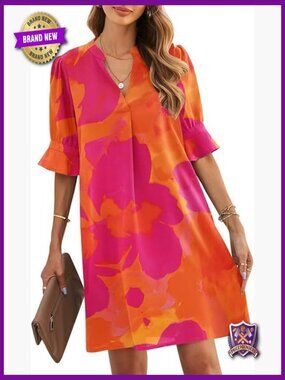 V-Neck Ruffled Short Sleeve Shift Dress Knee Length Casual Summer Dress